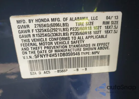 2013 Honda Pilot Ex-L из США, поврежденный, VIN 5FNYF4H51DB059946